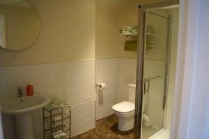 a bathroom with a toilet and a sink and a shower at The Arun View Inn in Littlehampton +9 photos