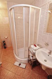 a bathroom with a shower and a sink at Spa & Wellness Hotel Harmonie in Mariánské Lázně