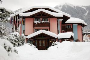 a house covered in snow in front of a mountain at Aria Life Hotel Pinzolo in Pinzolo