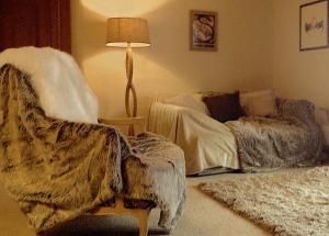 uma sala de estar com um sofá e um candeeiro em Haus Fless 7 em Klosters Dorf