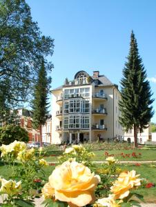 バート・エルスターにあるFerienwohnungen Rosengartenの花の目の前の大きな建物