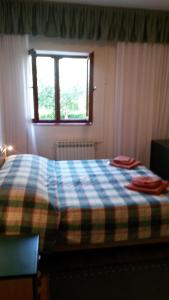 1 dormitorio con 1 cama con manta a cuadros y ventana en Apartments Šorić, en Rovinj