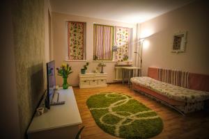 - une chambre avec un lit, une télévision et un tapis vert dans l'établissement Mozaic Home, à Bucarest