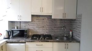 a kitchen with a stove and a sink and a microwave at Apartment on Mstyslavs'ka in Chernihiv