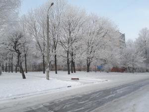 a park covered in snow with a bench and trees at Apartment on Vasylya Chervoniya 67 in Rivne