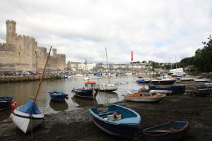 un montón de barcos sentados en el agua cerca de un castillo en 20 Segontium Terrace, en Caernarfon
