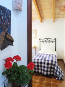 a bedroom with a bed and a potted plant with red flowers at Villa Font March in Pollença