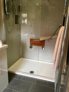 a shower with a glass door in a bathroom at Ashleigh Lodge in Hunstanton