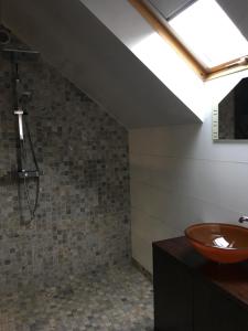 a bathroom with a sink and a shower at Apartmán na Studentské in Karviná