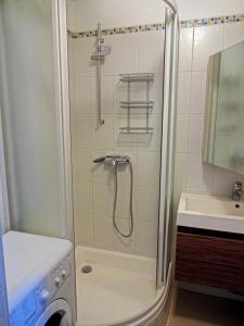 y baño con ducha y puerta de cristal. en Kaktuss Apartamenti, en Valmiera