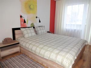 a bedroom with a bed with a plaid bedspread and a window at Kaktuss Apartamenti in Valmiera
