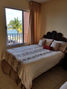 una camera da letto con un letto grande con una grande finestra di Hotel Barracuda a Cozumel