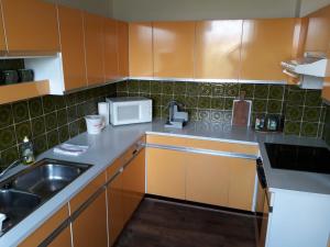 a small kitchen with a sink and a microwave at Walnut Tree House in Neulengbach