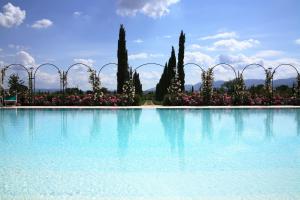 uma grande piscina de água com árvores e flores em Villa Santa Barbara em Montefalco