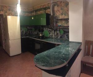 ノヴォロシースクにあるапартаментыのキッチン(緑のカウンタートップ、冷蔵庫付)