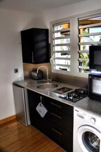 een keuken met een wastafel en een wasmachine bij Chez Les Filles - Bungalodge in Petite Île