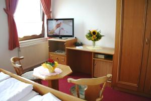 a room with a bed and a desk with a television at Berghotel Steiger - Pfotenurlaub in Schneeberg
