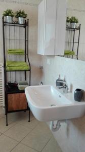 a bathroom with a sink and a shelf with plants at Beva Fiera Bologna in Bologna
