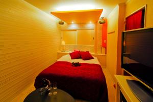 a bedroom with a bed with red pillows and a tv at Hotel Joyseaside (Love Hotel) in Munakata