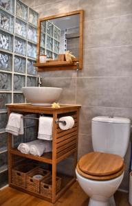 Chez Les Filles - Bungalodge في بيتيت ايلي: حمام مع حوض ومرحاض ومرآة
