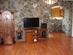 a living room with a tv and a stone wall at Apartments Ananina in Portorož