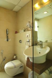 een badkamer met een wastafel, een toilet en een spiegel bij Ahuja Residency Parklane, Gurgaon in Gurgaon