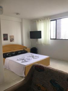 1 dormitorio con 1 cama, TV y sofá en studio golden breeze boa viagem, en Recife