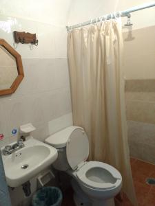 a bathroom with a toilet and a sink at Hotel Hacienda Morales. in Guanajuato