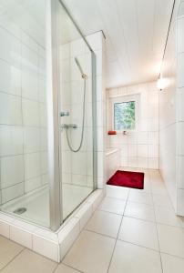 a bathroom with a shower and a red rug at Ferienhaus Bergblick in Schwarzenberg im Bregenzerwald