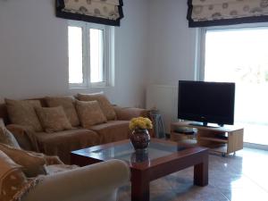 a living room with a couch and a tv at Beach House Villa in Nea Makri