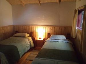1 dormitorio con 2 camas y una luz en la pared en Alojamiento junto al mar en Chaitén