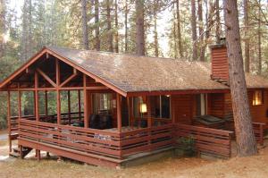 a log cabin in the woods with a tree at 84 Hastings Hideaway in Wawona