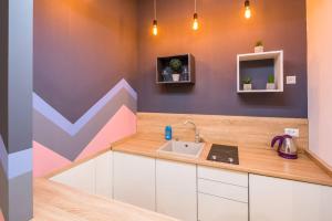 リヴィウにあるStudio Loftの紫の壁のキッチン(シンク付)