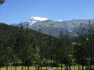 uma montanha coberta de neve à distância com árvores em Casa de Campo em Cayambe