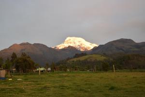 a snow covered mountain in the distance with a field at Casa de Campo in Cayambe
