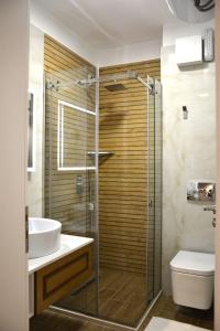Central Luxury Apartment في تيرانا: حمام مع دش ومغسلة ومرحاض
