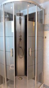 a shower in a bathroom with a glass door at Chalet Notre Retraite in Ventron
