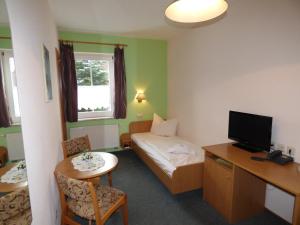 um pequeno quarto com uma cama, uma secretária e uma televisão em Gasthof zum Fürstenthal em Frauenstein