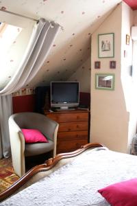 1 dormitorio con 1 cama, TV y silla en Les Renaudines en Château-Renault