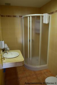 a bathroom with a shower and a sink at Apartamentos Horno y Casa De Dulce in Purullena