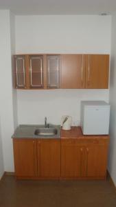 a kitchen with wooden cabinets and a sink at Art Avenue ApartHotel in Lviv