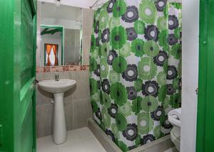 a bathroom with a sink and a green shower curtain at Esquina Colonial in Villa de Leyva