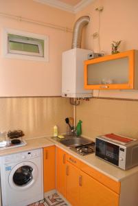 eine kleine Küche mit einer Spüle und einer Mikrowelle in der Unterkunft Apartments Anna in Lwiw