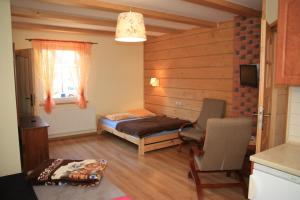ヴィスワにあるWilla Wisełkaのベッドルーム1室(ベッド1台、椅子1脚付)