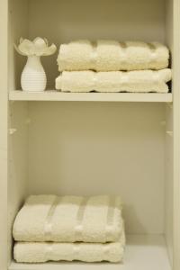 une étagère avec des serviettes et une pile de serviettes dans l'établissement Zagreb Centre Apartments, à Zagreb