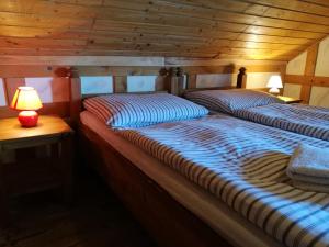 Habitación de madera con 2 camas individuales y lámpara en Restaurant Pension-Anton, en Jáchymov