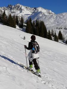 una persona en esquís en la nieve con montañas en el fondo en Haus Eder Burgi, en Nikolsdorf