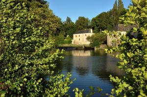 a view of a river with a house in the background at Grange du Plessis in Segré