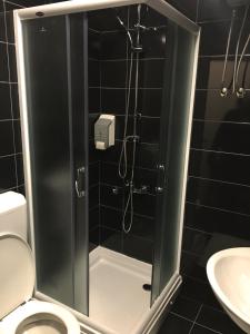 La salle de bains est pourvue d'une douche, de toilettes et d'un lavabo. dans l'établissement Motel Neno, à Bijeljina