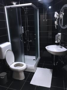 een badkamer met een toilet, een douche en een wastafel bij Motel Neno in Bijeljina